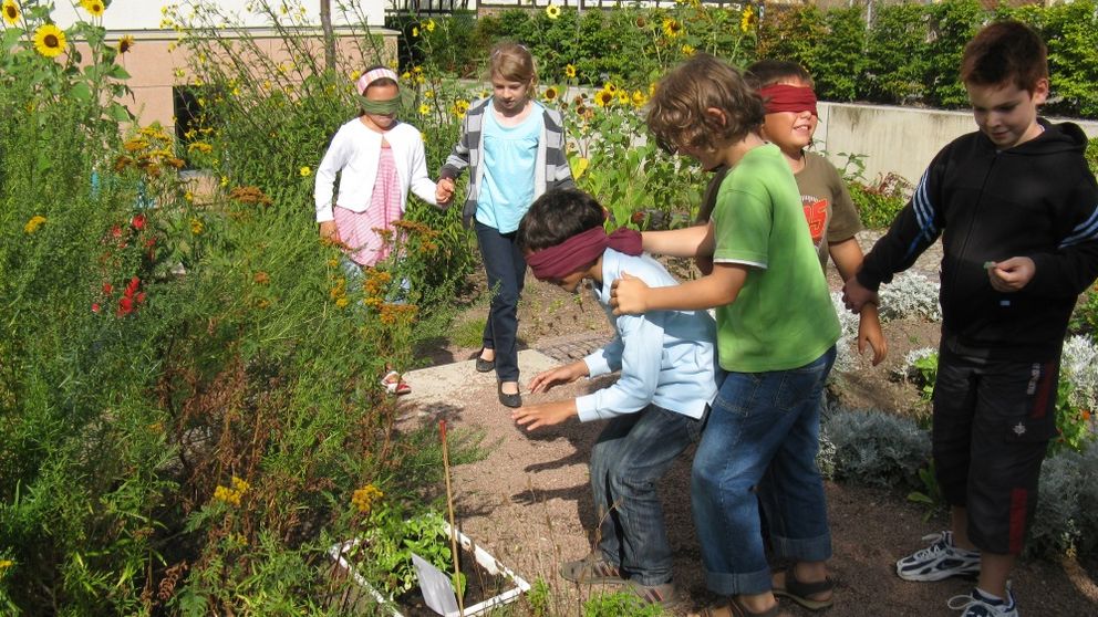 Kinder bewegen sich mit verbundenen Augen durch den Pflanzgarten und entdecken Pflanzen und Natur mit ihren anderen Sinnen