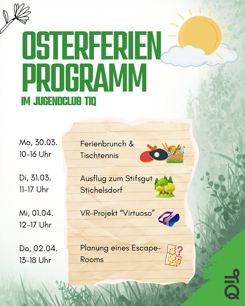 Angebotsübersicht mit Datum und Uhrzeit sowie Bezeichnung der Aktivitäen