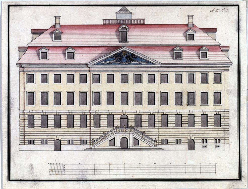 Kolorierte Zeichnung der Fassade des Historischen Waisenhauses der Franckeschen Stiftungen in Halle (Saale), datiert vor 1750, zeigt die historische Architektur und Umgebung.